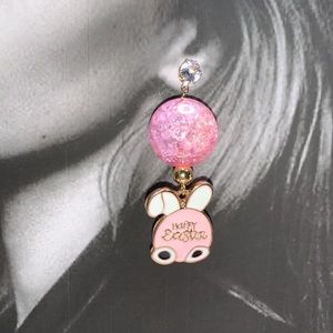 Easter Bunny Pink Gumball Ball Drop Dangling Earrings w Cubic Zirconia Post Stud